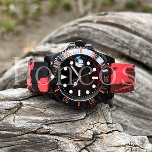 DIY Custom Made SUB MODS Watch NH35 Automatic Black Dial Red Camo Rubber Band